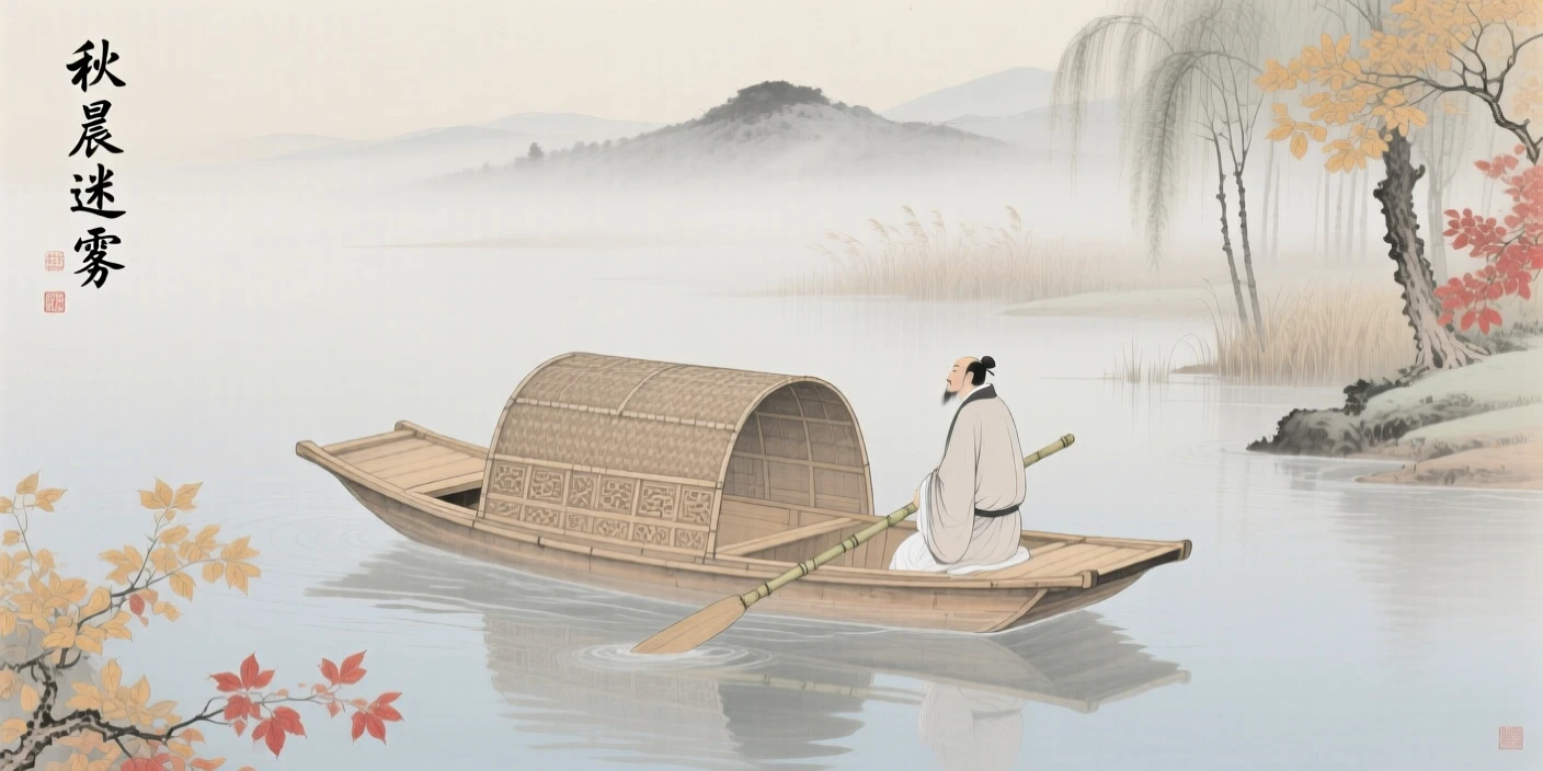 A single boat crossing a misty lake on a cool autumn morning
