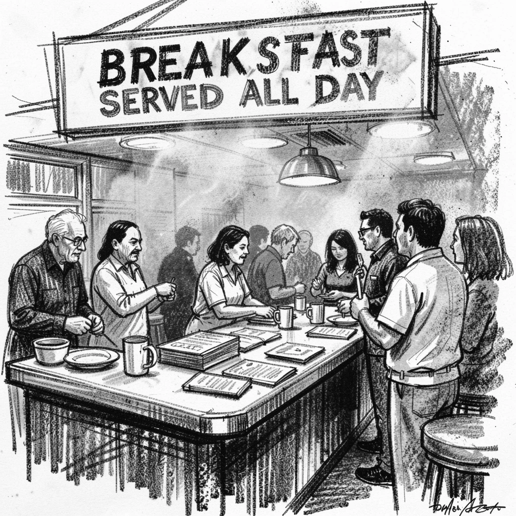 A busy diner counter during the breakfast rush, with a gentle mist rolling through the background.