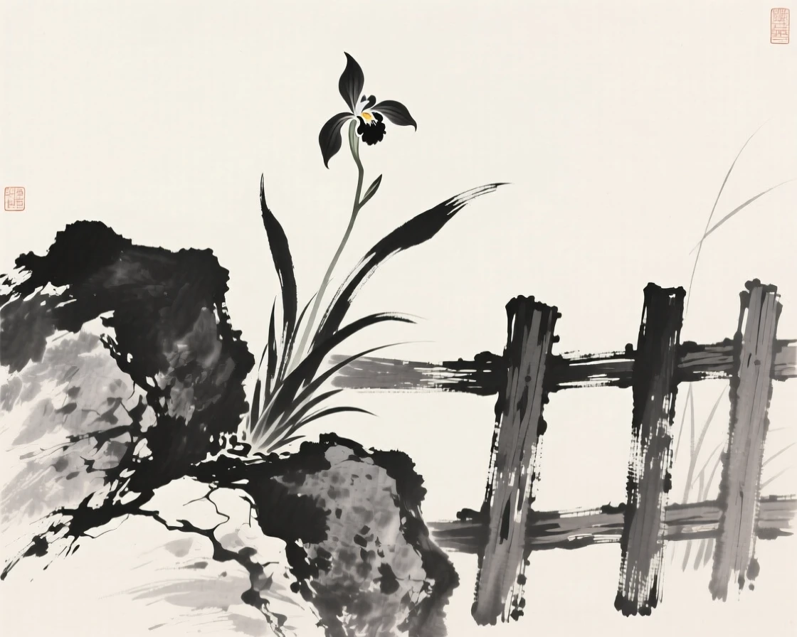 A wild orchid growing from a rock crevice beside a weathered wooden fence, composed with generous open space around it, suggesting patience, resilience, and quiet strength.