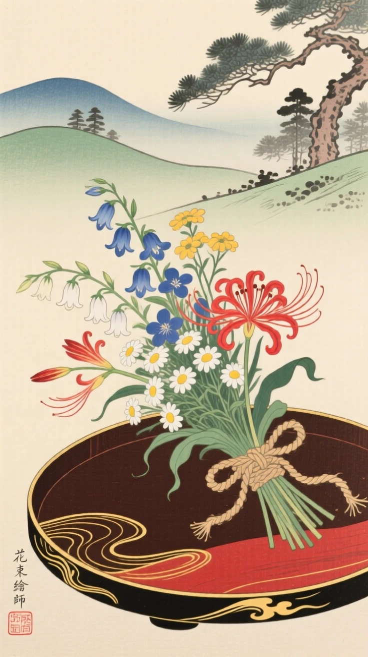A bouquet of wildflowers tied with twine arranged on a lacquered wooden tray.
