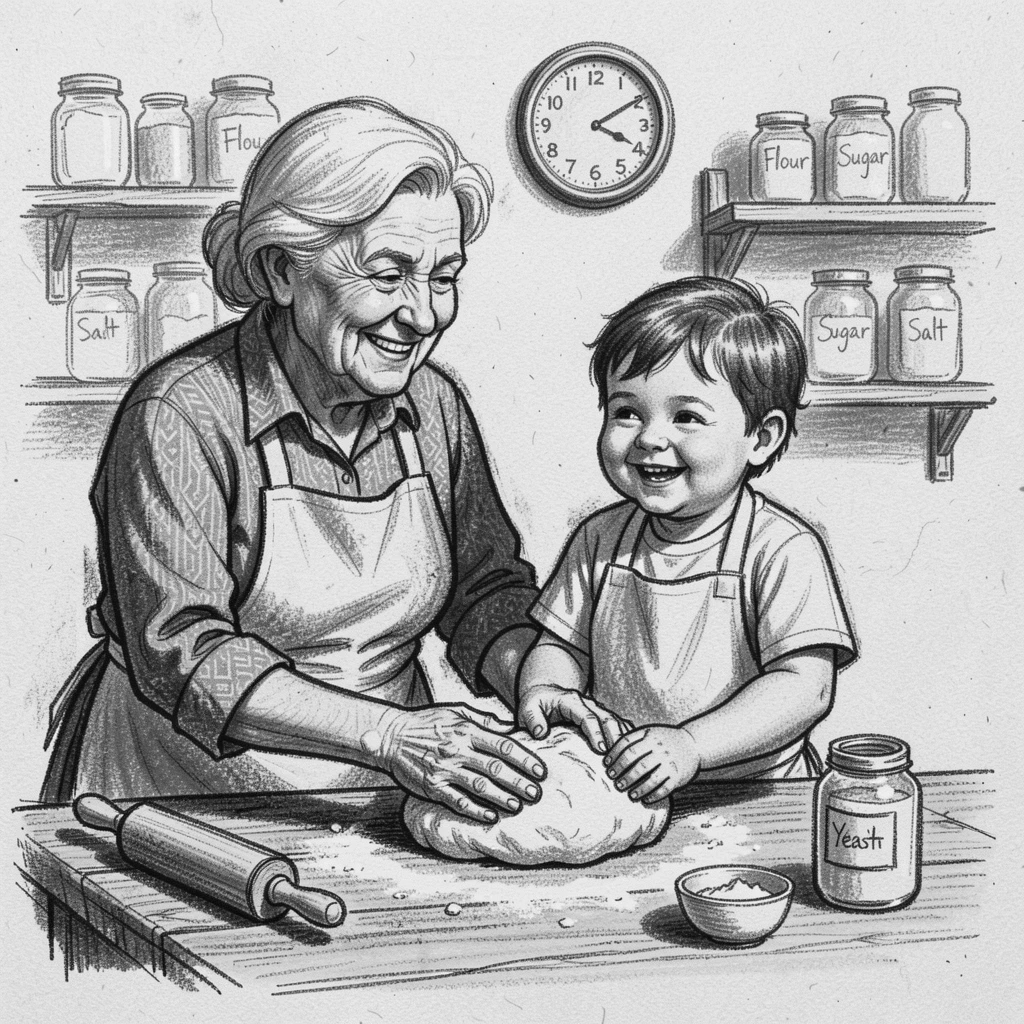 A grandmother teaching her grandchild to bake bread, with everyone smiling and full of warmth.