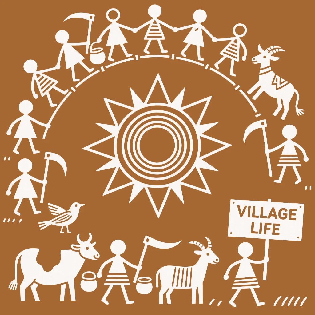 A composition centered on a village sun symbol encircled by a procession of animals and villagers.