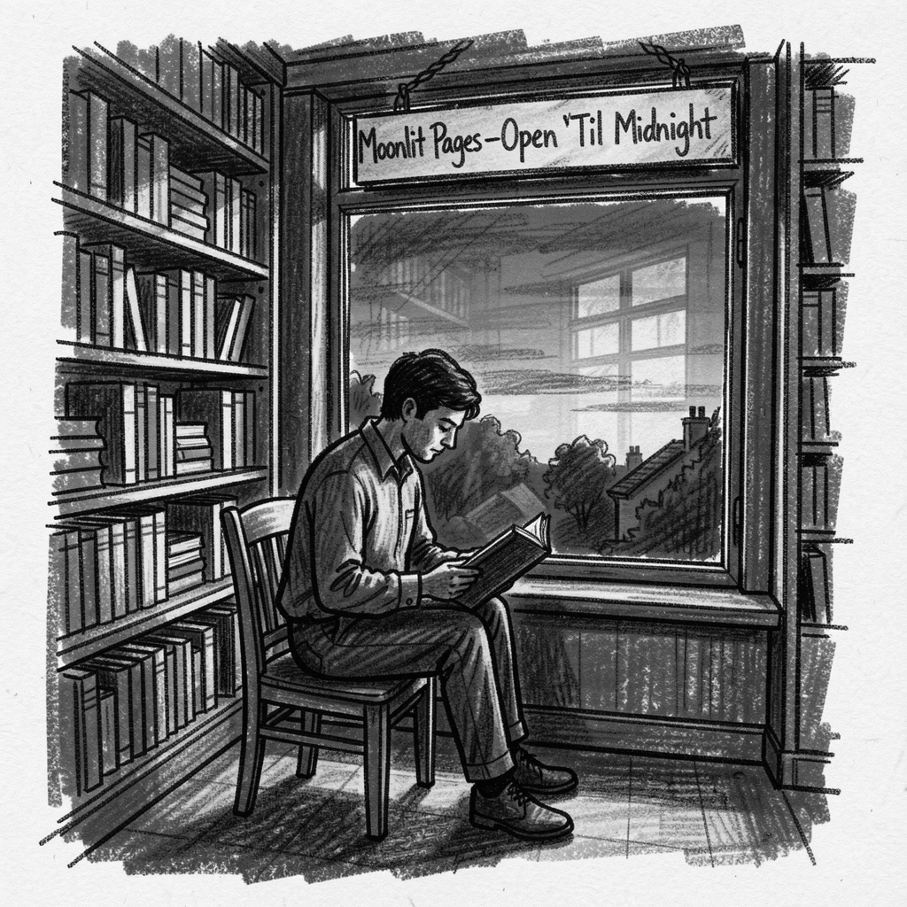A late-night bookstore with a single reader by the window, as the last light of day fades to dusk.
