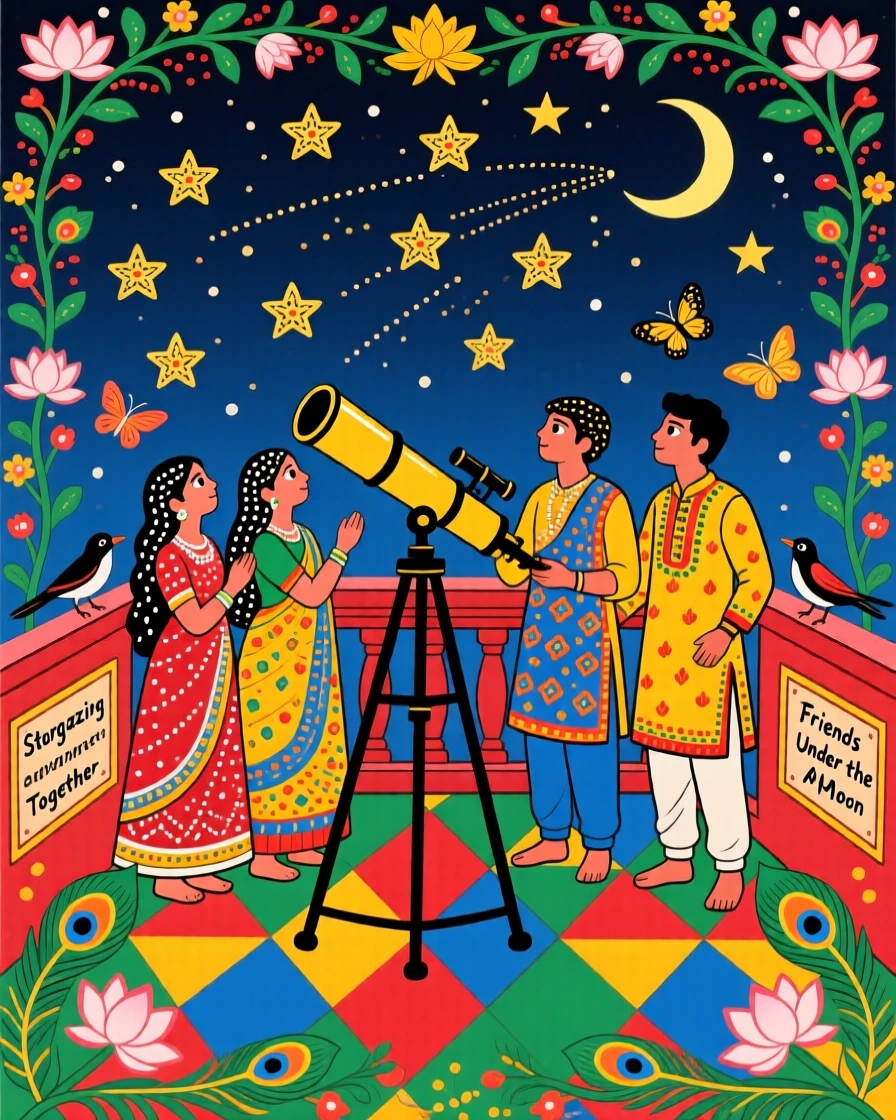 A group of friends stargazing together from a rooftop terrace.