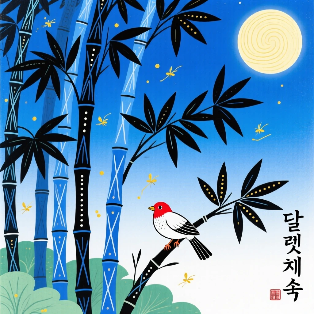 An enchanted bamboo forest glowing faintly blue in the moonlight.
