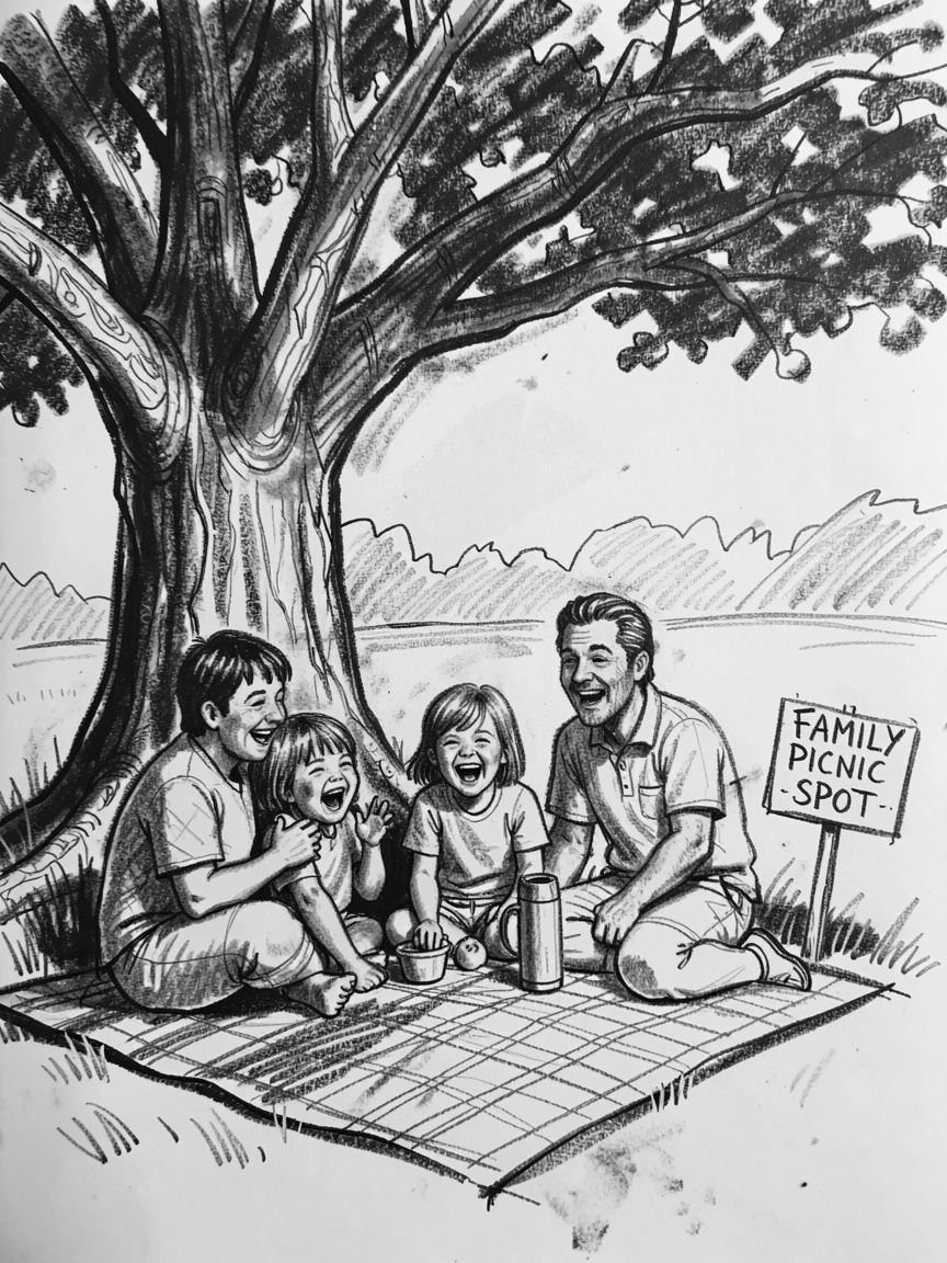 A family sharing a picnic under a large shade tree, as laughter fills the air around them.