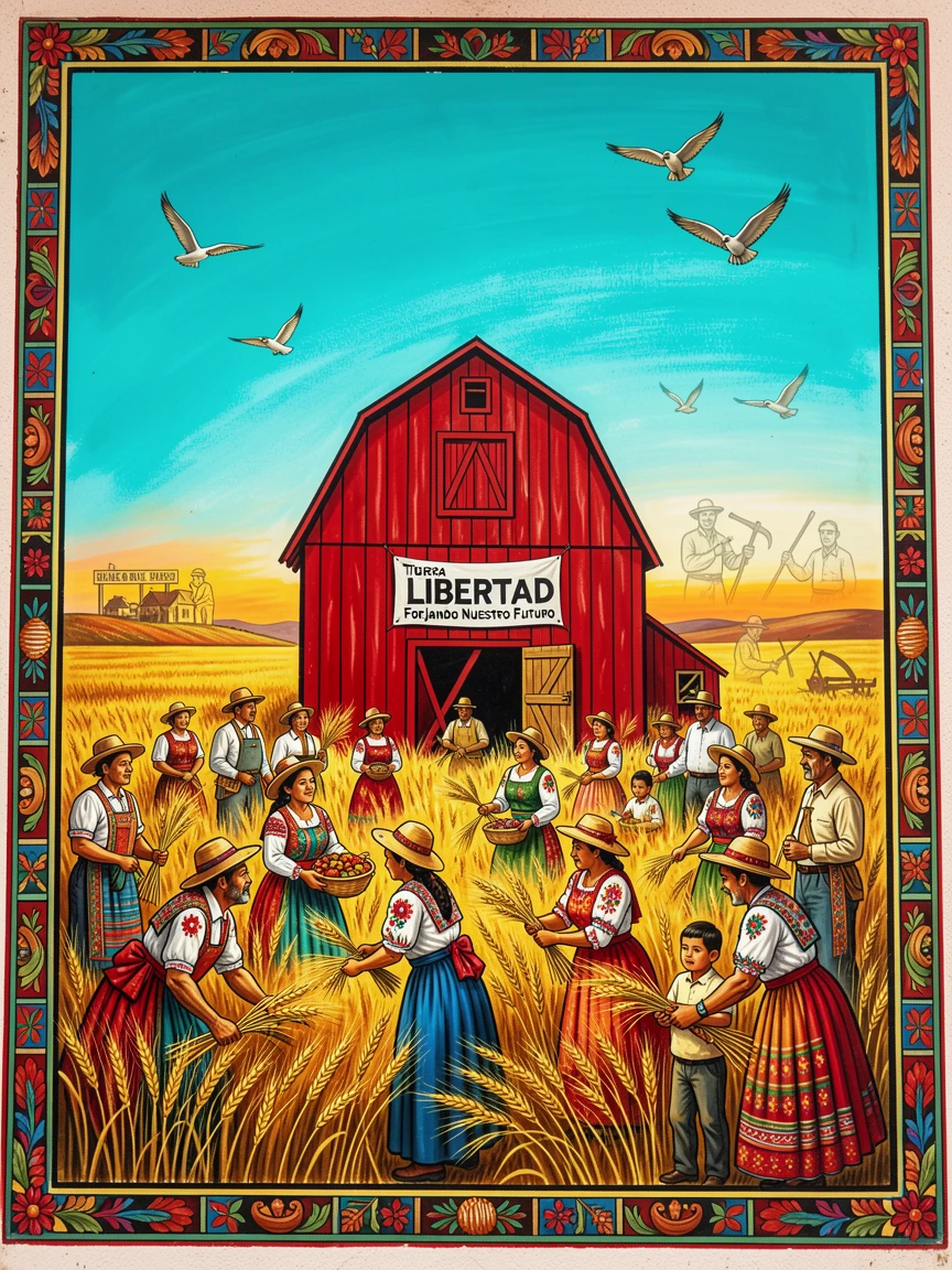 A red barn standing in a golden field beneath a wide sky