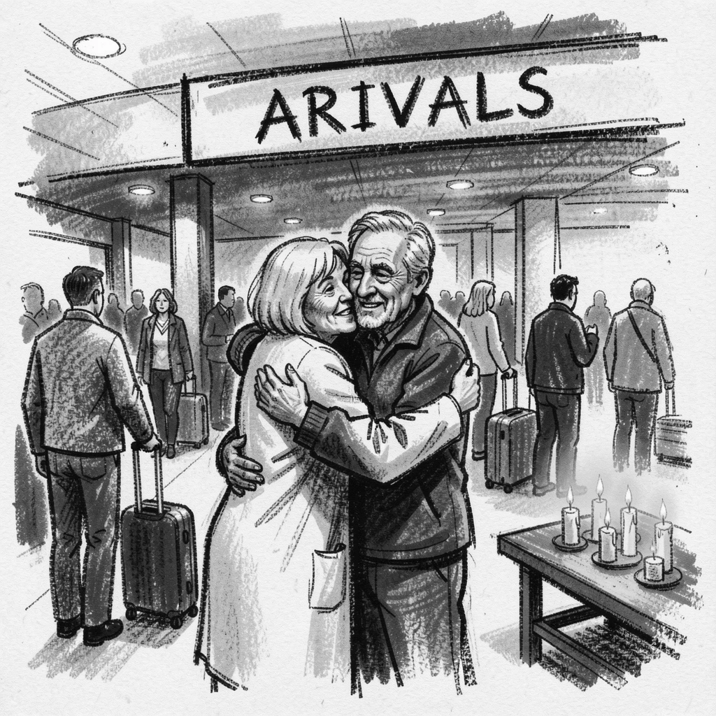 An old friend reunion at a busy airport arrivals gate, as soft candlelight flickers nearby.