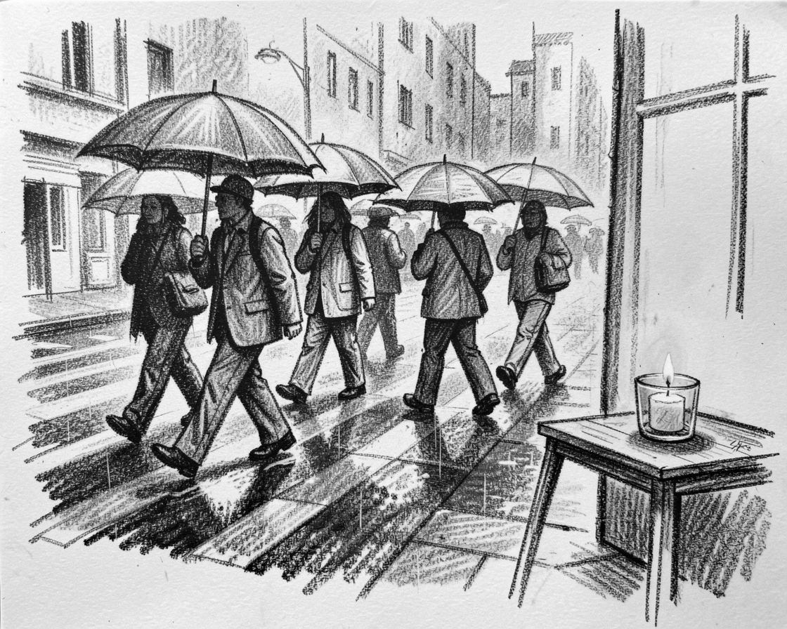 Commuters crossing a rain-soaked city street with umbrellas, as soft candlelight flickers nearby.