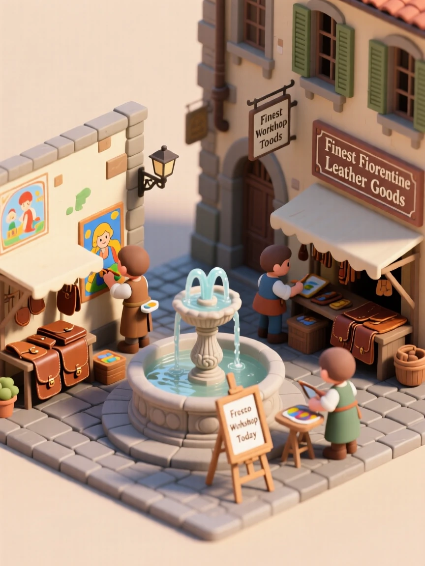 A Renaissance Florence street scene with artists painting frescoes, a fountain trickling, and merchants selling leather goods.