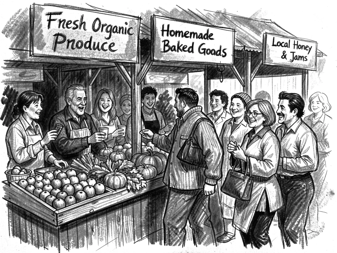 A farmer's market bustling with vendors and shoppers, with everyone smiling and full of warmth.