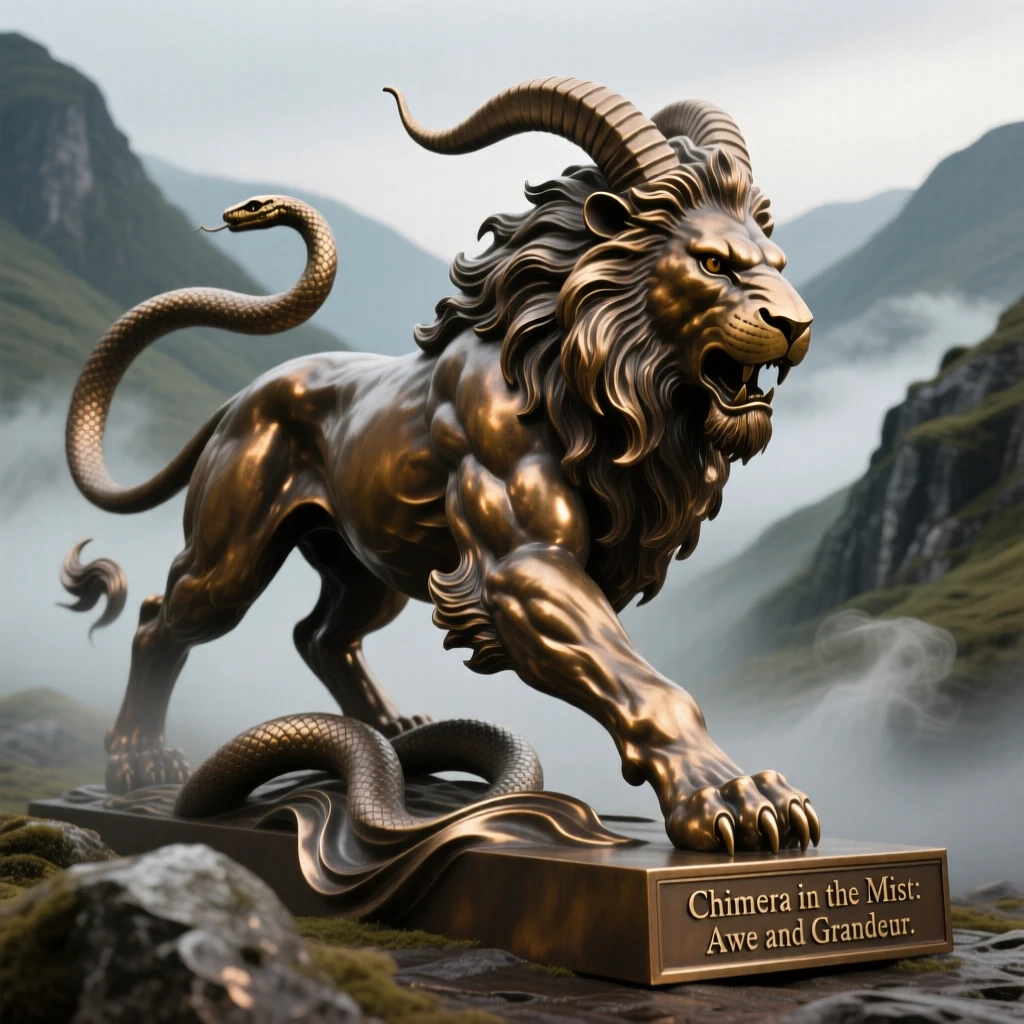 A chimera prowling through a misty valley, rendered with dramatic, sweeping composition, radiating awe and grandeur