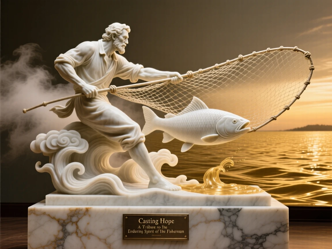 A vivid, emotionally rich scene of a fisherman casting his net into golden waters, amid swirling clouds and mist, designed to captivate and inspire