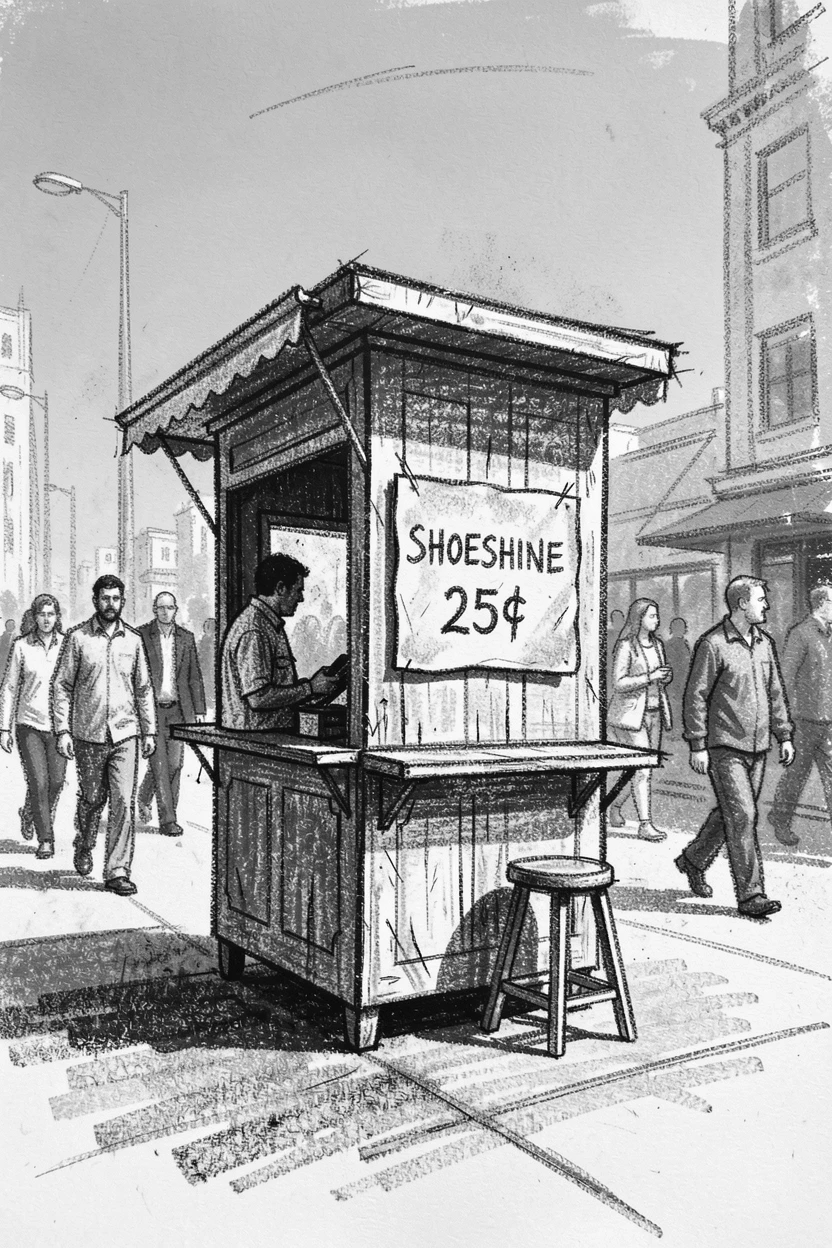 A shoeshine stand on a busy city sidewalk, under a clear blue midday sky.