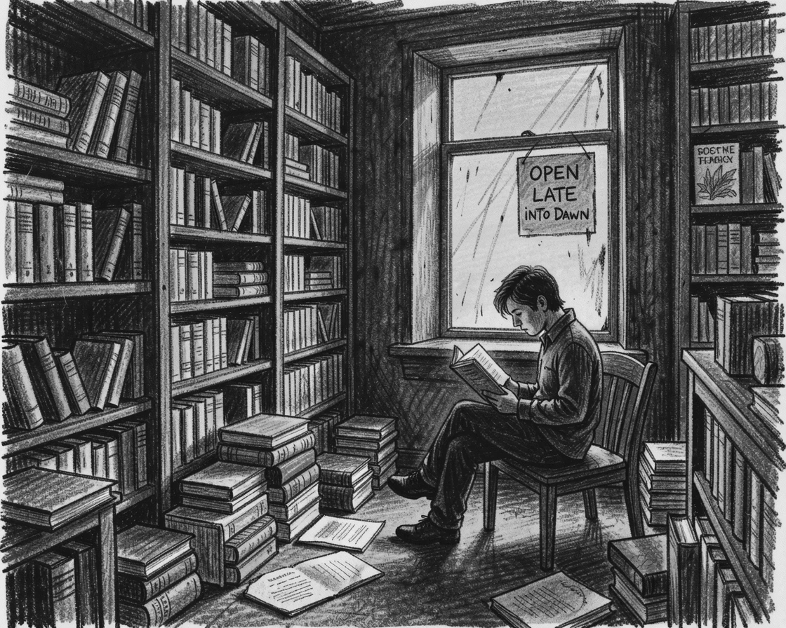 A late-night bookstore with a single reader by the window, in the warm glow of early morning light.