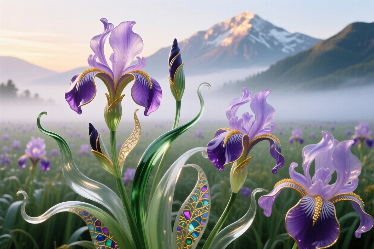 A field of blooming irises stretching toward misty mountain peaks at the very first light, elegant and expansive.