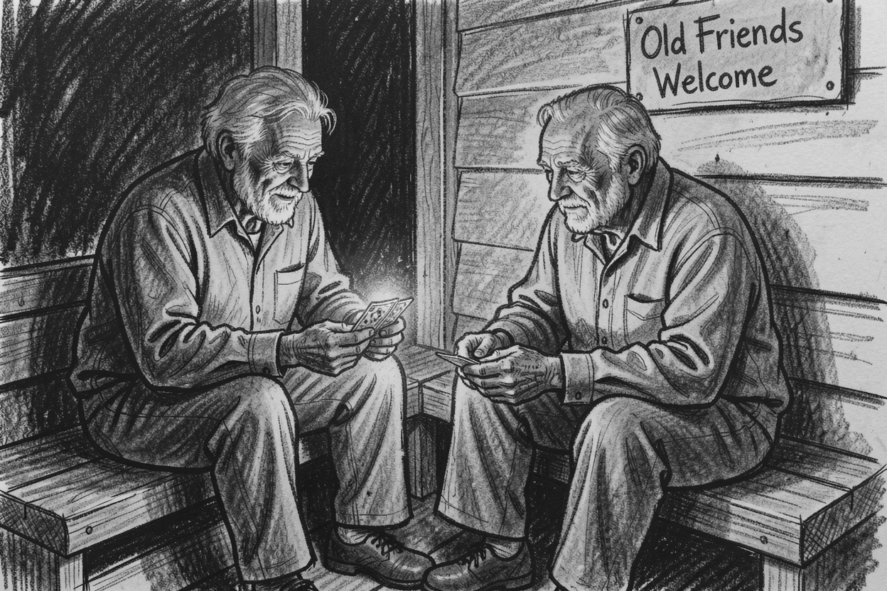 Two old friends playing cards on a porch, as the last light of day fades to dusk.