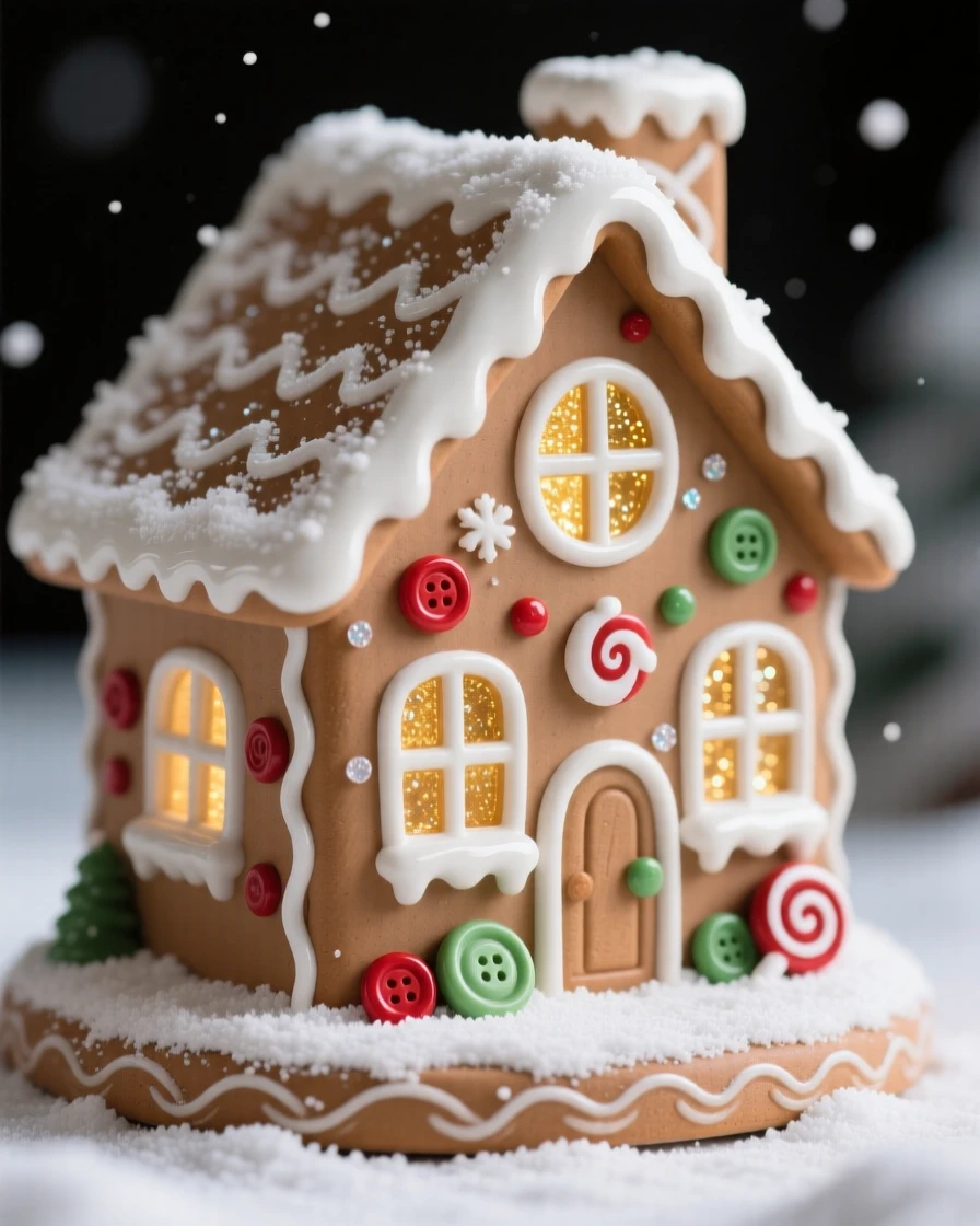 A gingerbread house dusted with powdered snow displayed as a heartwarming holiday accent, dusted lightly with glittering snow, capturing the magic of a beloved seasonal moment.