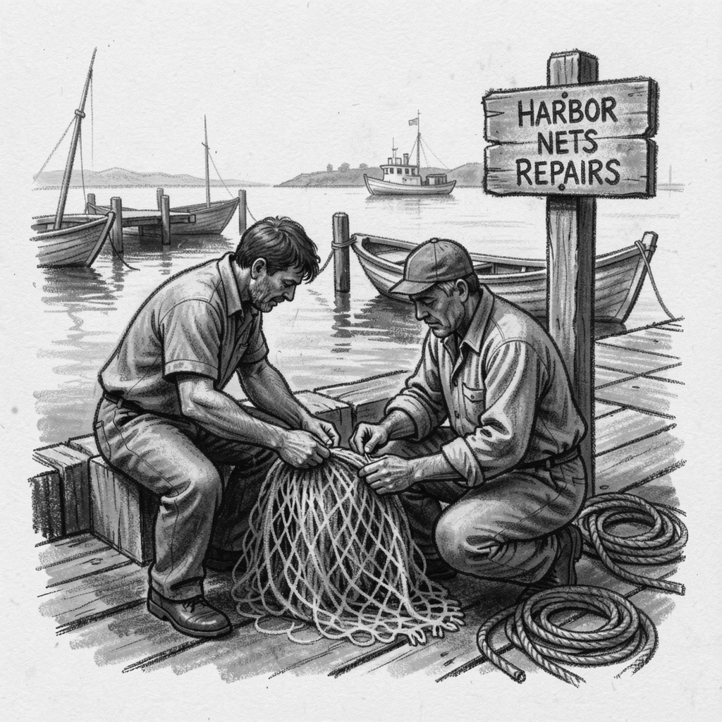 Fishermen mending their nets at a small harbor, on a quiet, peaceful afternoon.
