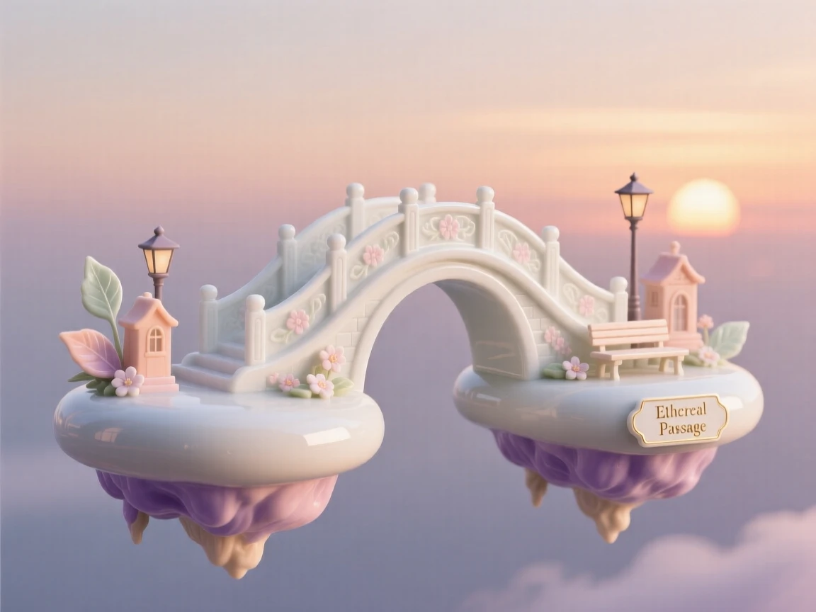 An imaginative vision of a bridge connecting two floating islands at sunset, radiating a hushed, storybook wonder.