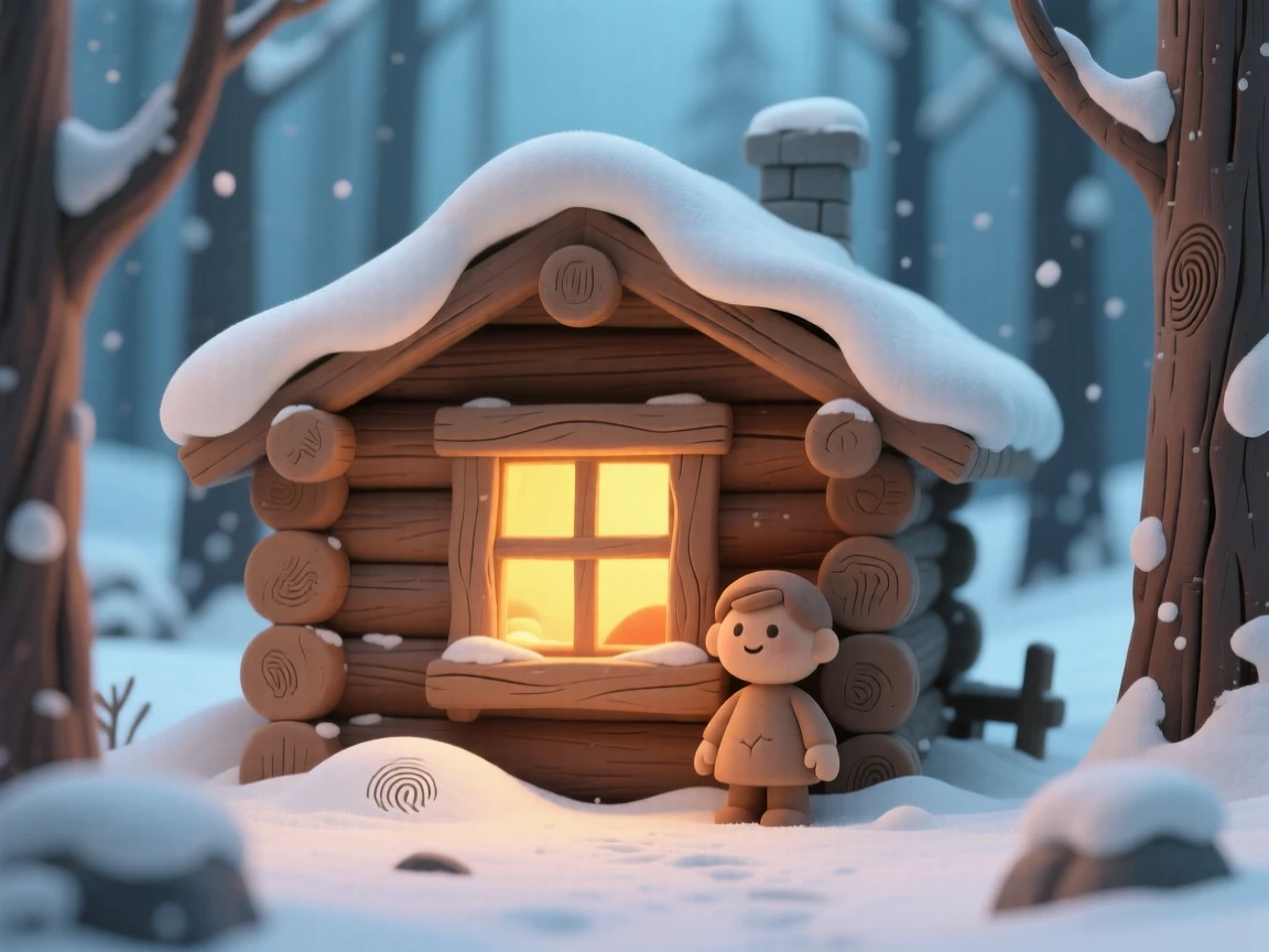 A winter cabin window glowing warmly amid a quiet snowy forest