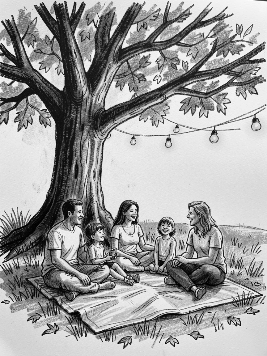 A family sharing a picnic under a large shade tree, under the warm glow of string lights.