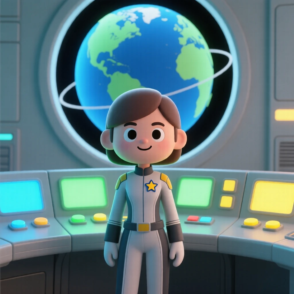 A determined space station commander monitors glowing control panels while Earth slowly rotates in the window behind her.