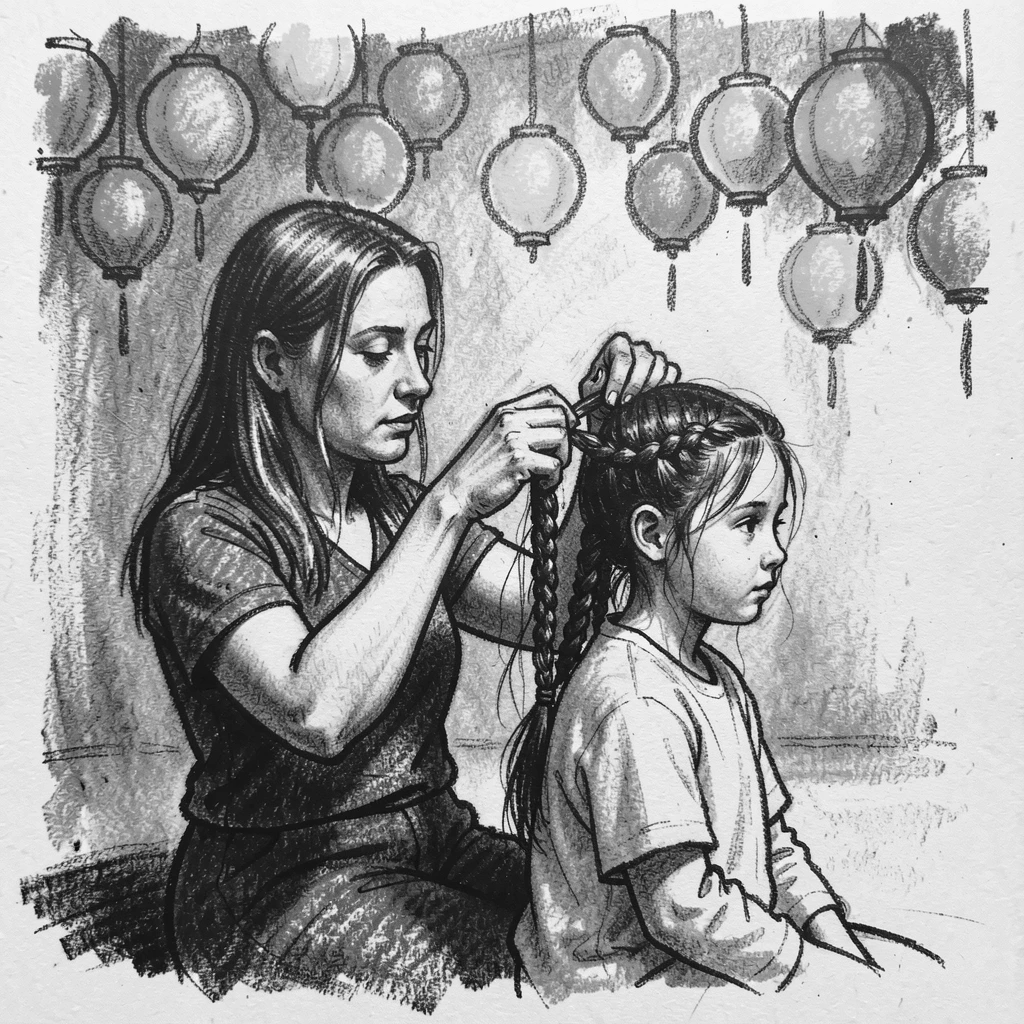 A mother braiding her daughter's hair before school, under a canopy of colorful lanterns.