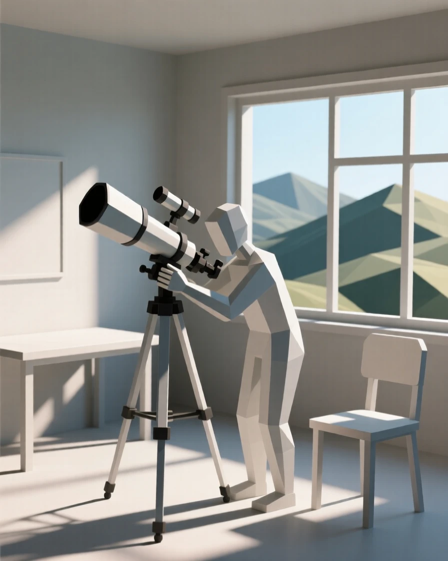A stargazer setting up a telescope on a hilltop, in a cozy sunlit studio. fine details highlight skill and craftsmanship. There is a calm sense of focus and skill.