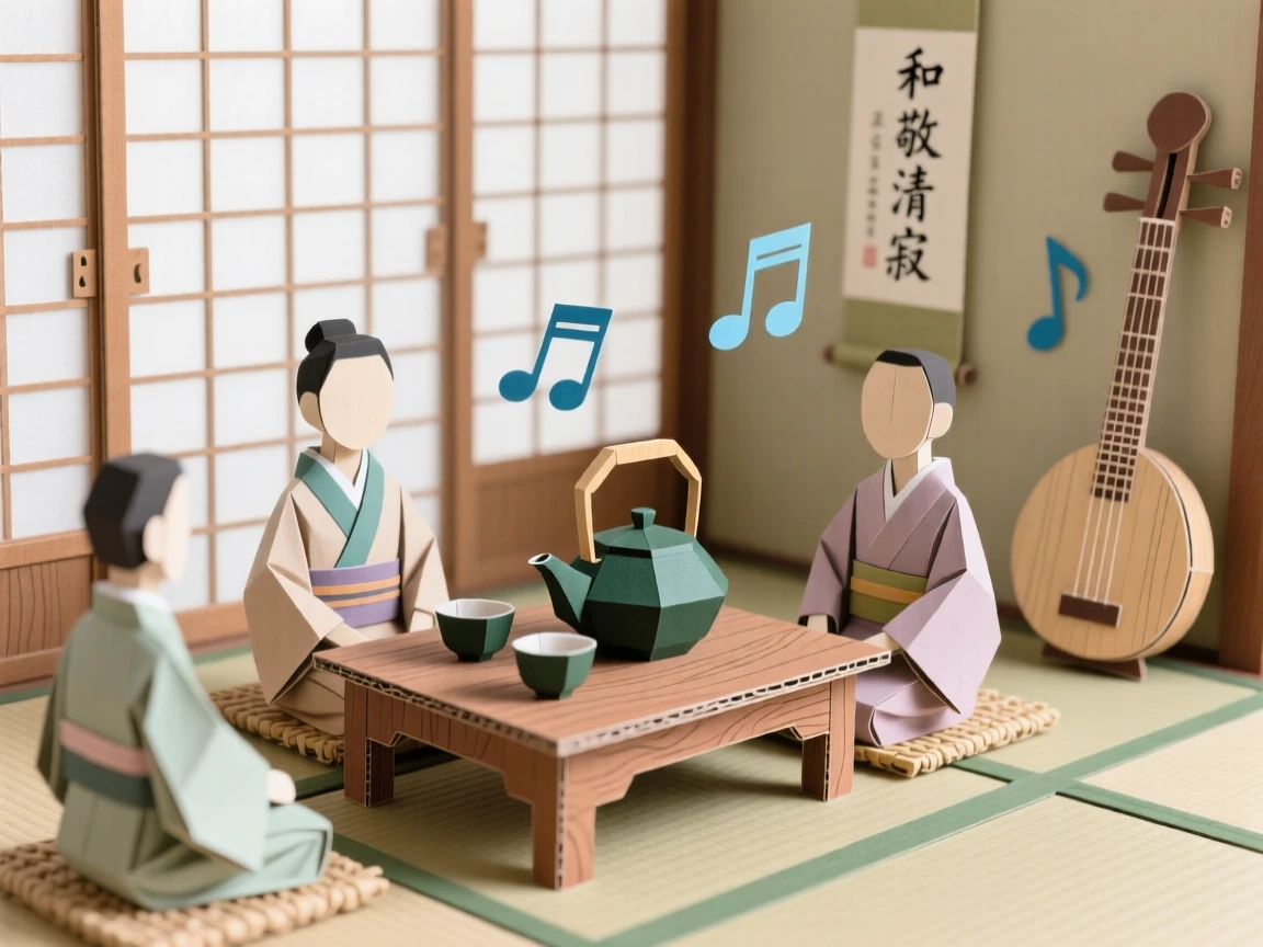 A traditional tea ceremony practiced in a tranquil paper-screened room, with rhythmic music filling the air, conveying mindful ritual and tradition.