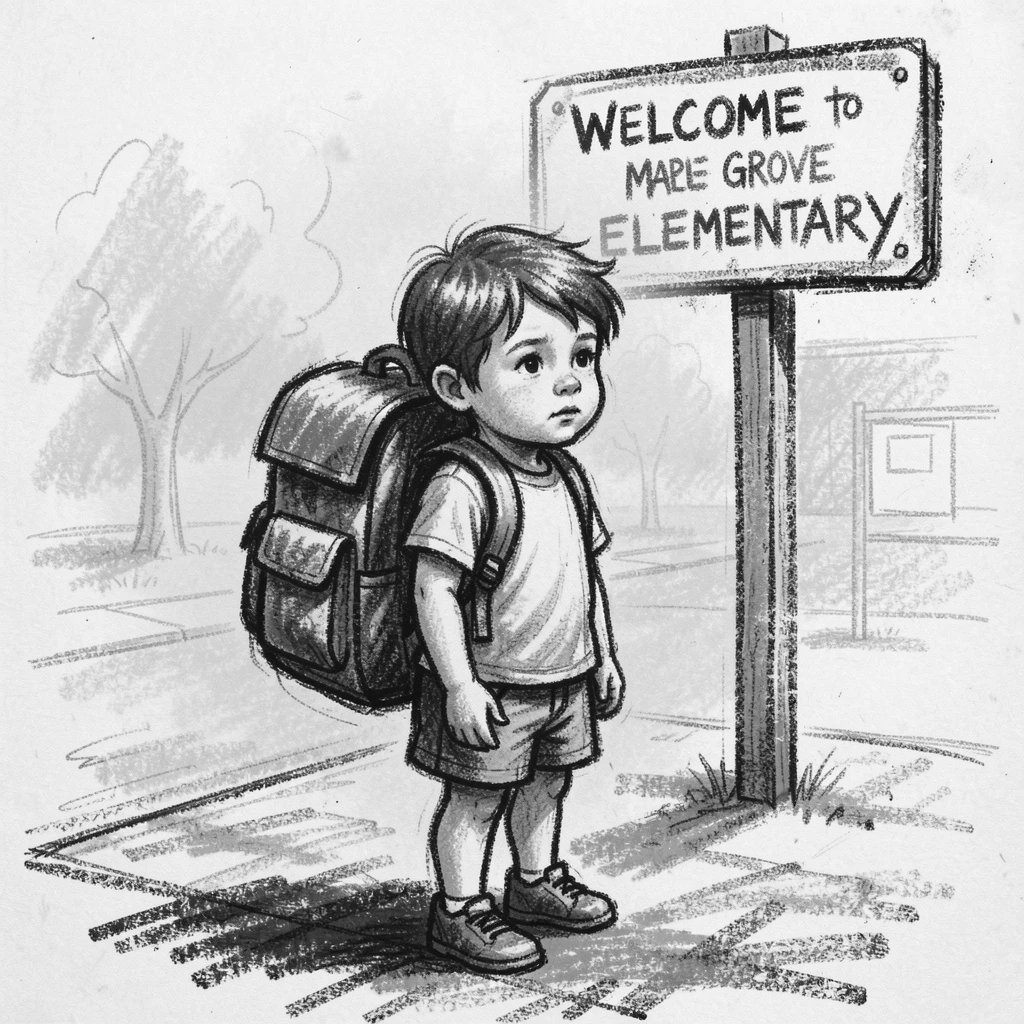 A child's first day of school, backpack too big, with a gentle mist rolling through the background.