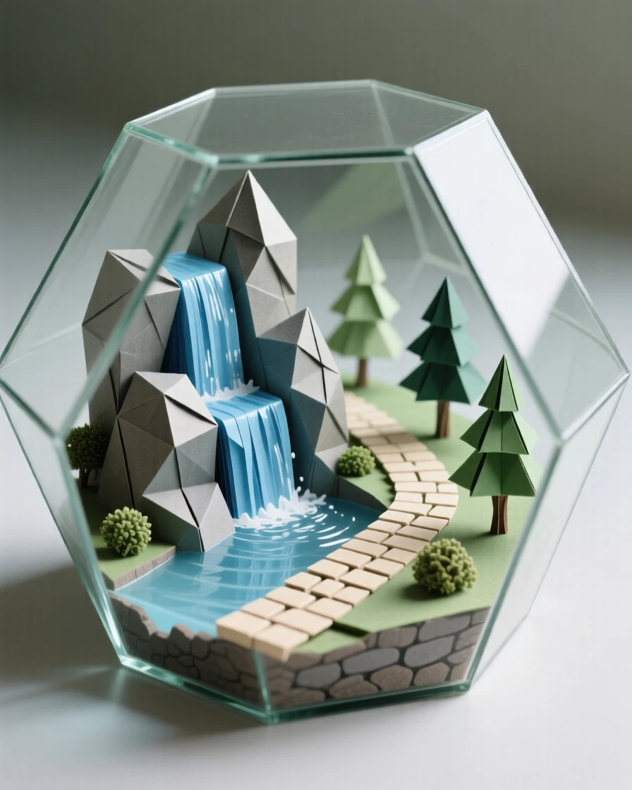 A tiny world inside a glass terrarium with a miniature waterfall and winding path.