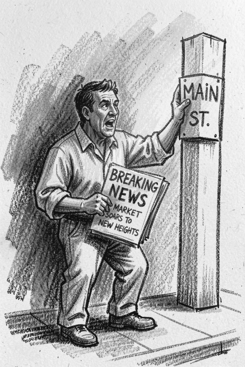 A newspaper vendor calling out headlines on a corner, as golden afternoon sun spills across the scene.