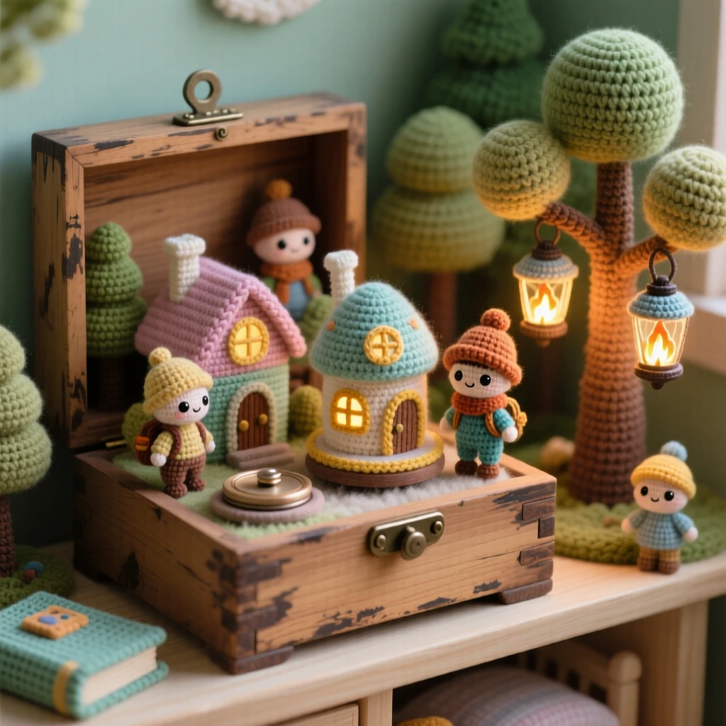 a tiny toy village built inside an old wooden music box, with figures that turn slowly, is shown resting on a child's bedroom shelf, nestled within a softly glowing forest, surrounded by a cluster of miniature glowing lanterns, radiating playful imagination brought to life.