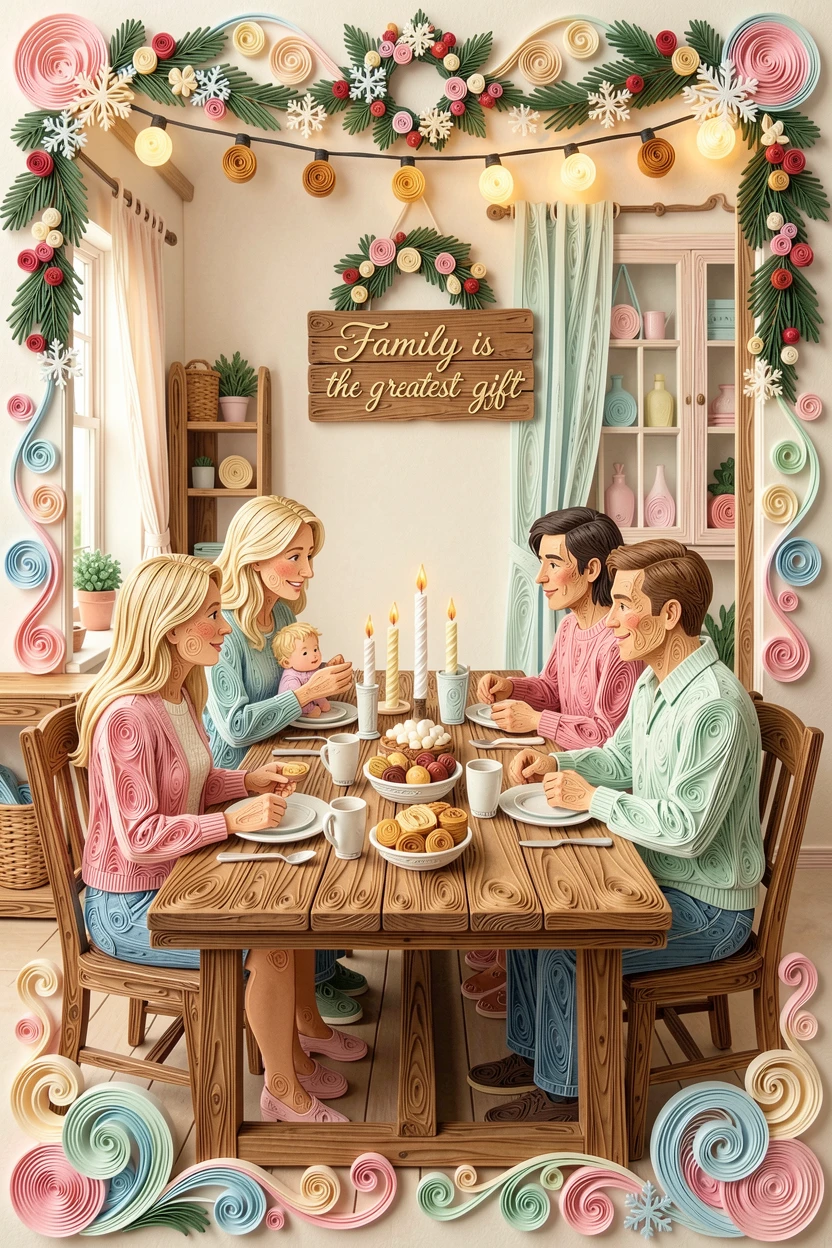 A heartwarming moment of a family reunion gathered around a long outdoor table in a softly lit living room decorated for the holidays, in tender pastel morning light, composed with generous warmth and closeness between subjects.