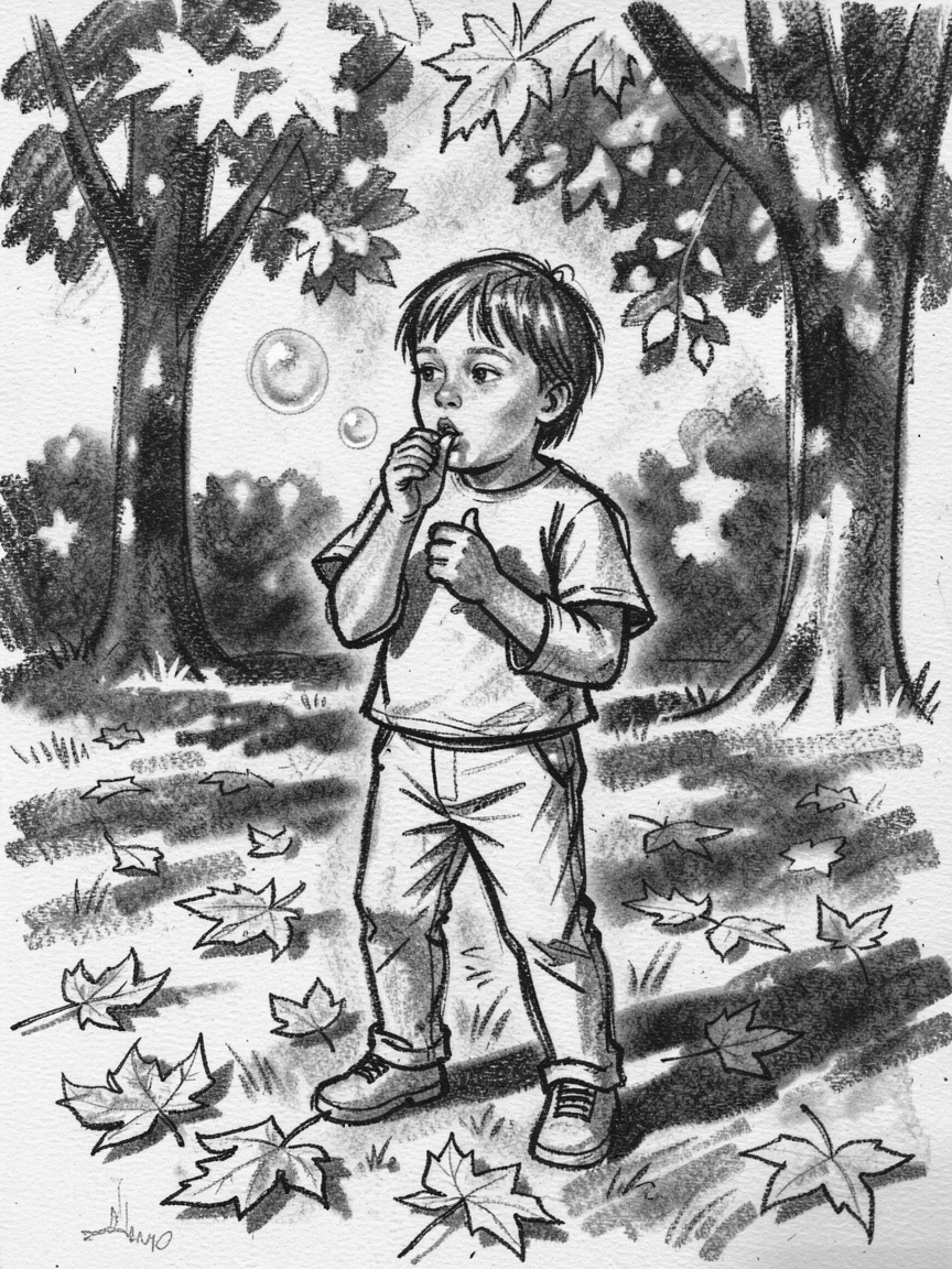 A child blowing bubbles in a sunny backyard, with autumn leaves scattered underfoot.