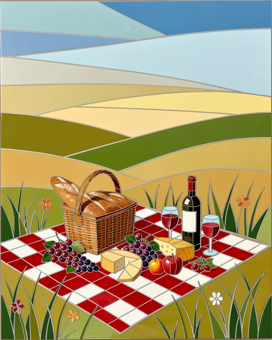 A rustic picnic spread on a checkered blanket in a sunny meadow.