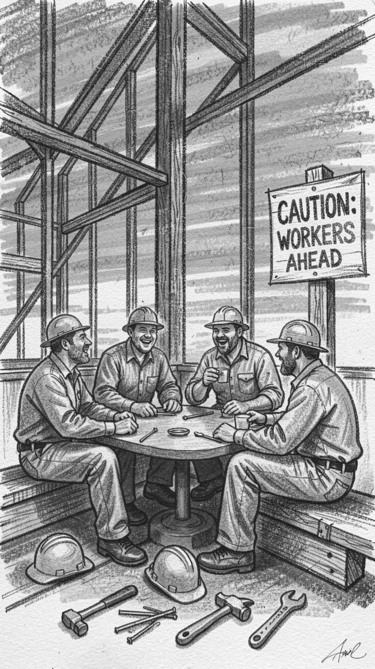 Workers sharing lunch break laughter at a construction site, beneath a sky streaked with sunset colors.