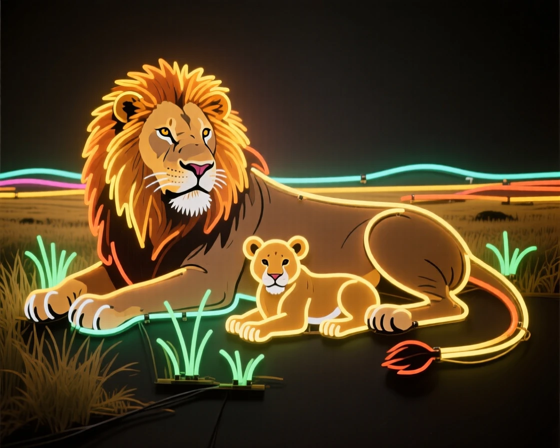 A pride of lions resting together on the savanna at midday.