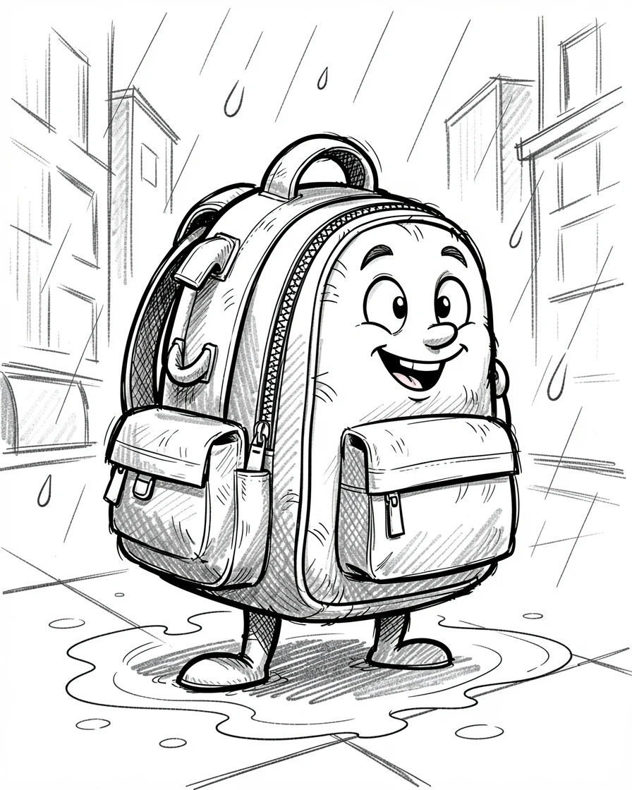 A backpack stuffed full and grinning at the start of a school day on a rainy city sidewalk.