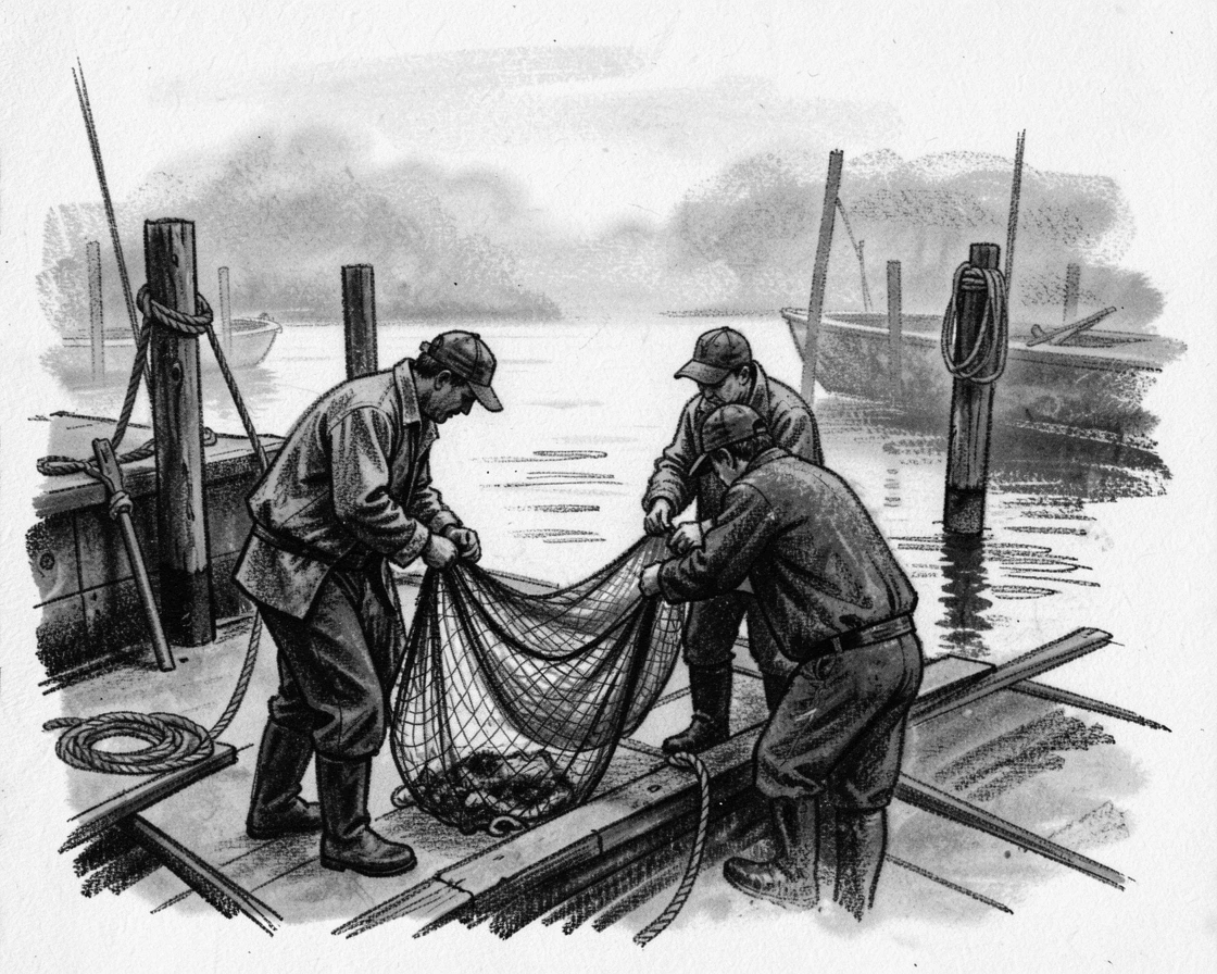 Fishermen mending their nets at a small harbor, with a gentle mist rolling through the background.