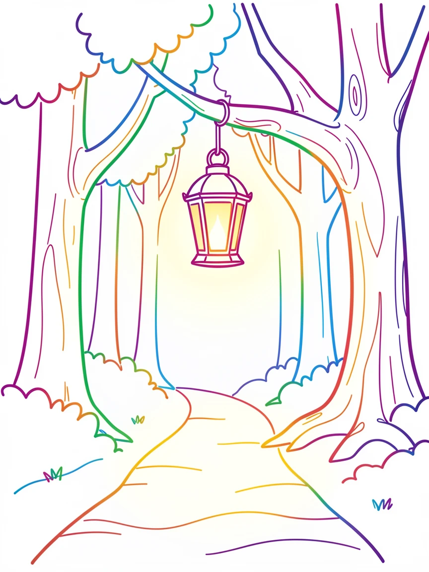 A single glowing lantern hanging from a tree branch, lighting a forest path at night.