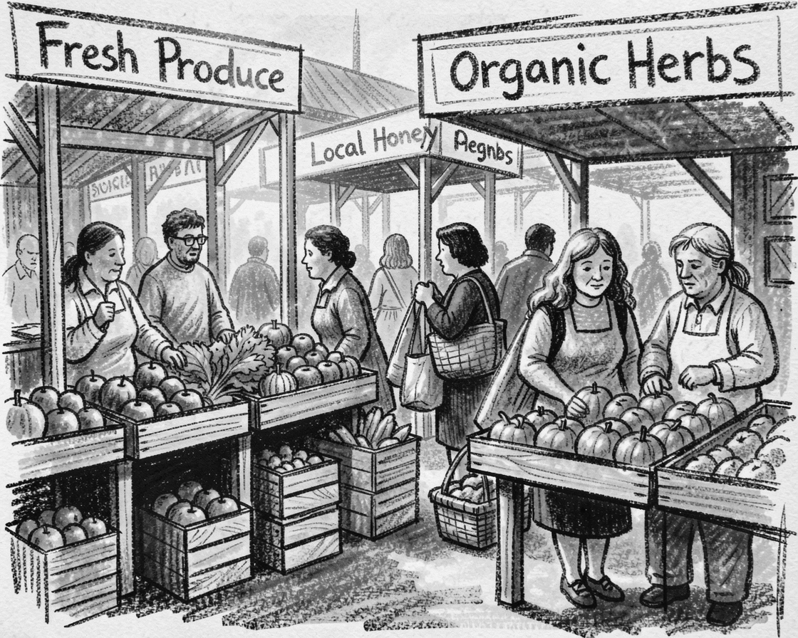 A farmer's market bustling with vendors and shoppers, in the warm glow of early morning light.