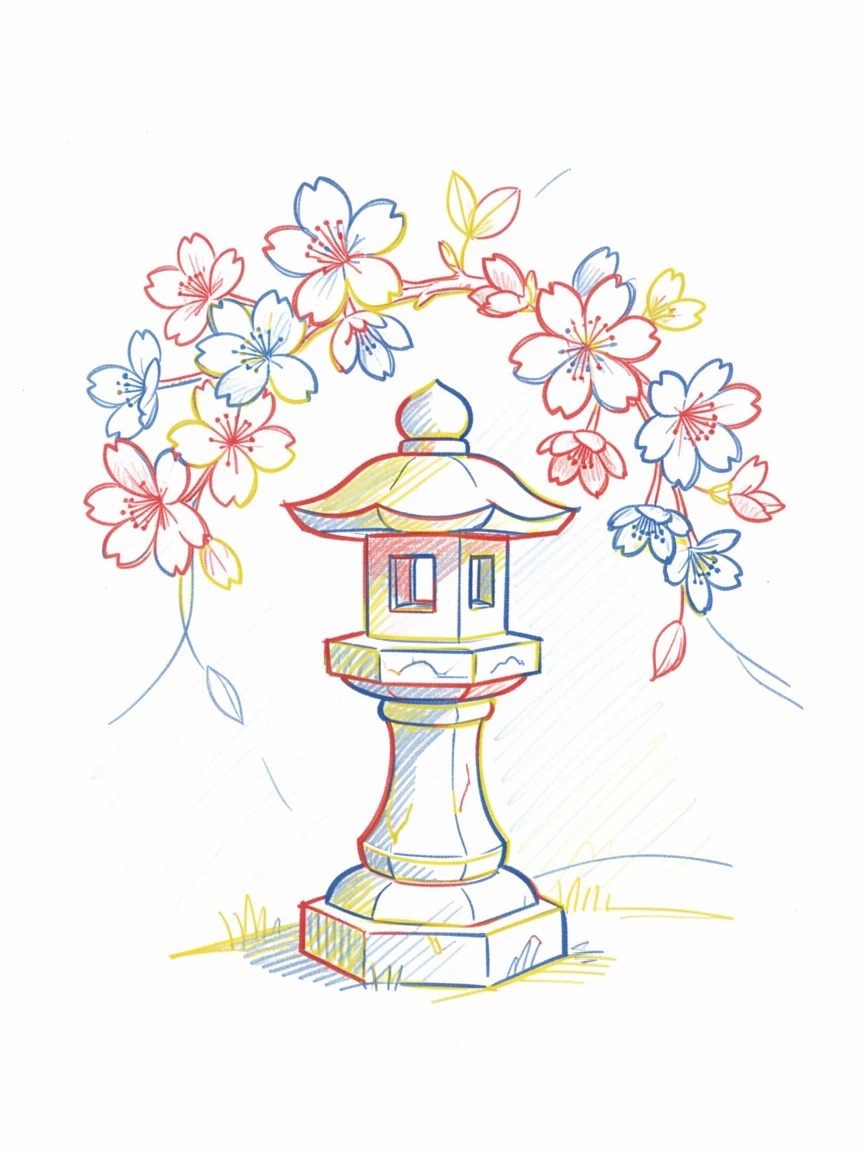 A cluster of cherry blossoms framing a quiet stone lantern