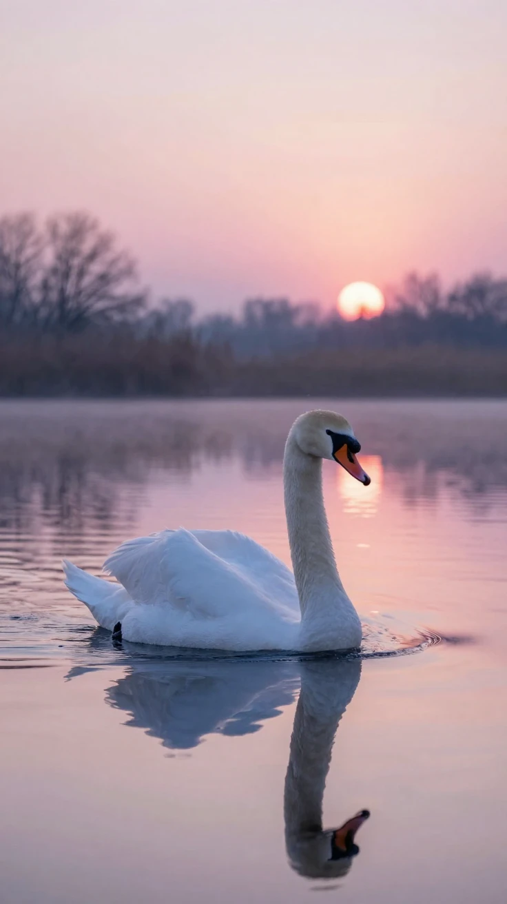 A swan gliding gracefully across a still lake at dawn
