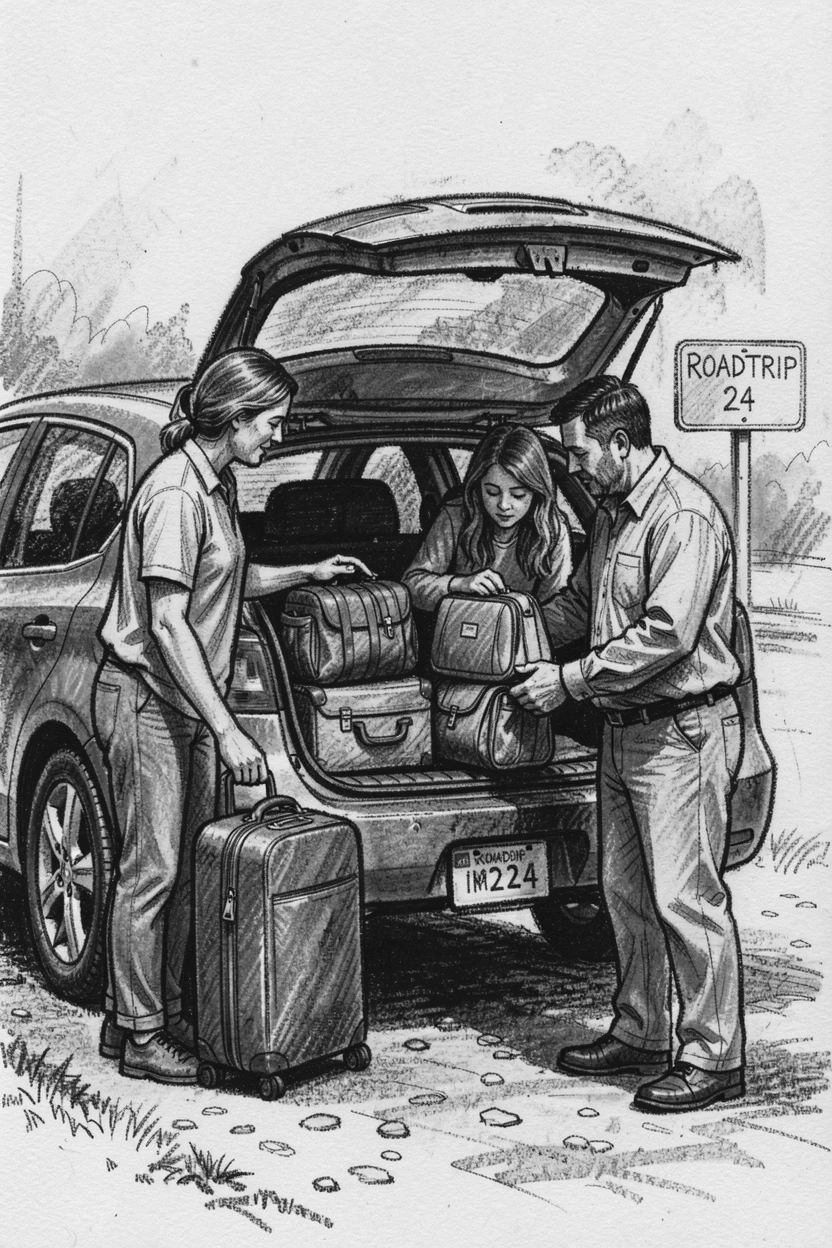 A family loading a car for a road trip, in a moment of quiet togetherness.