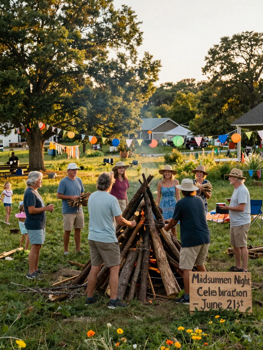 Villagers construct an enormous bonfire ahead of a midsummer night celebration.
