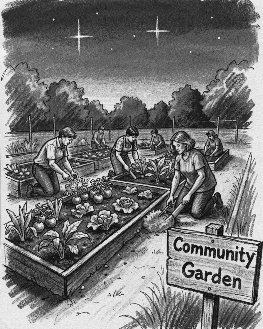 A community garden with neighbors tending vegetable plots, as the first stars appear overhead.
