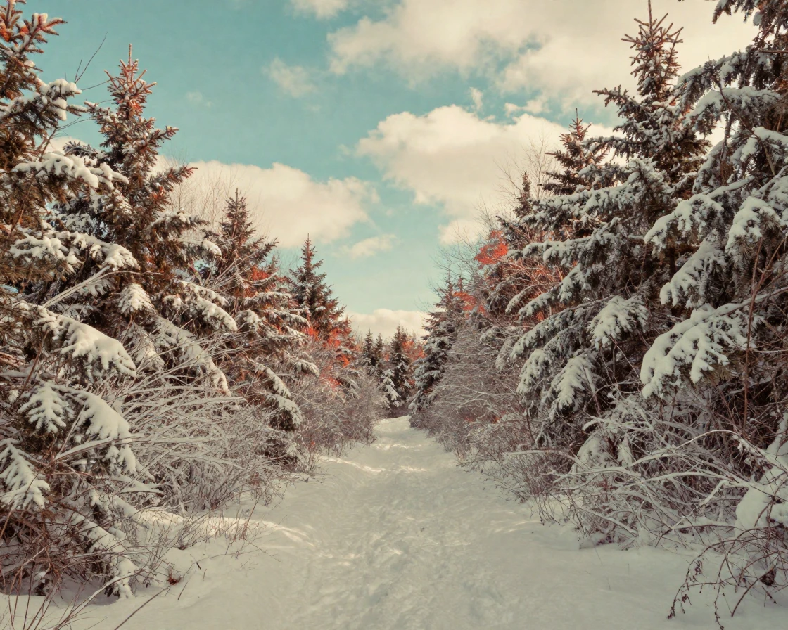 A woodland trail dusted lightly with fresh snow, under a pale winter sky, under scattered clouds, in the height of summer, in vivid coral and turquoise hues, from a slightly elevated vantage point.