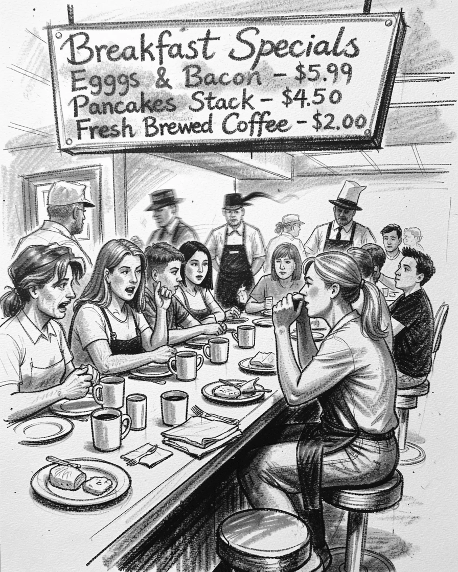 A busy diner counter during the breakfast rush, with a light breeze stirring the surroundings.